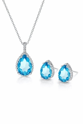 Set Bijuterii Femei Lant Si Cercei Piatra Albastru Turcoaz, Forma Lacrima, Argintiu Zirconiu Cubic Zircon SET203AT - Img 2