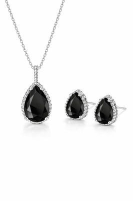 Set Bijuterii Lant Si Cercei Piatra Neagra, Forma Lacrima, Argintiu Zirconiu Cubic Zircon SET203Ne Femei - Img 3