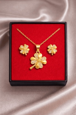 Set Bijuterii Argint 925 Auriu Model Trifoi Cu Patru Foi – Noroc și Eleganță SET 203Y