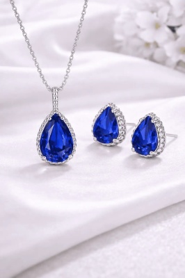Set Bijuterii Femei Lant Si Cercei Piatra Albastru Inchis, Forma Lacrima, Argintiu Zirconiu Cubic Zircon SET203A