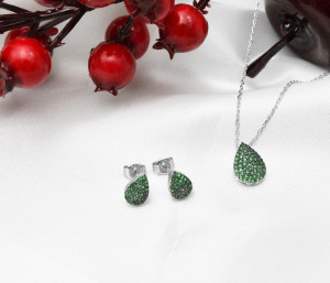 Set Din Argint 925 Cercei si Pandantiv Model Lacrima Verde Set138G - Img 3