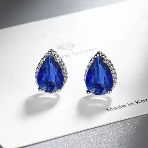 Set Bijuterii Femei Lant Si Cercei Piatra Albastru Inchis, Forma Lacrima, Argintiu Zirconiu Cubic Zircon SET203A - Img 2