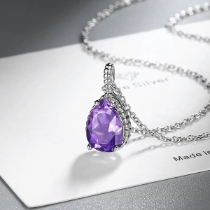 Set Bijuterii Femei Lant Si Cercei Piatra Mov, Forma Lacrima, Argintiu Zirconiu Cubic Zircon SET203M - Img 3