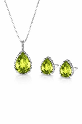 Set Bijuterii Lant Si Cercei Piatra Verde Galben, Forma Lacrima, Argintiu Zirconiu Cubic Zircon SET203VG - Img 3