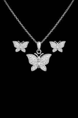 Set Bijuterii Argint 925 Model Fluture, Placat Rodiu, Zirconii Albe SET 202X