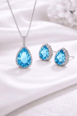 Set Bijuterii Femei Lant Si Cercei Piatra Albastru Turcoaz, Forma Lacrima, Argintiu Zirconiu Cubic Zircon SET203AT