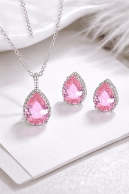 Set Bijuterii Femei Lant Si Cercei Piatra Roz Pink, Forma Lacrima, Argintiu Zirconiu Cubic Zircon SET203R
