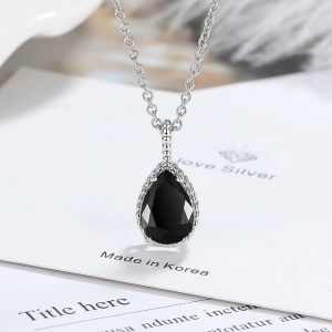 Set Bijuterii Lant Si Cercei Piatra Neagra, Forma Lacrima, Argintiu Zirconiu Cubic Zircon SET203Ne Femei - Img 4