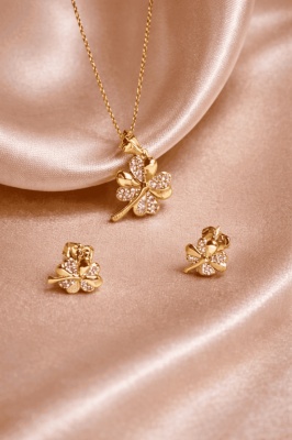 Set Bijuterii Argint 925 Auriu Model Trifoi Cu Patru Foi – Noroc și Eleganță SET 203Y - Img 2