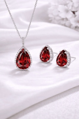 Set Bijuterii Femei Lant Si Cercei Piatra Rosu Red, Forma Lacrima, Argintiu Zirconiu Cubic Zircon SET203Rosu