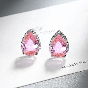 Set Bijuterii Femei Lant Si Cercei Piatra Roz Pink, Forma Lacrima, Argintiu Zirconiu Cubic Zircon SET203R - Img 2