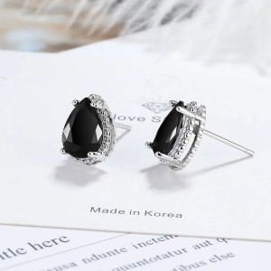 Set Bijuterii Lant Si Cercei Piatra Neagra, Forma Lacrima, Argintiu Zirconiu Cubic Zircon SET203Ne Femei - Img 2