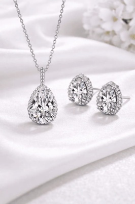 Set Zirconiu Transparent Bijuterii Femei Lant Si Cercei , Forma Lacrima, Argintiu Cubic Zircon SET203ALB