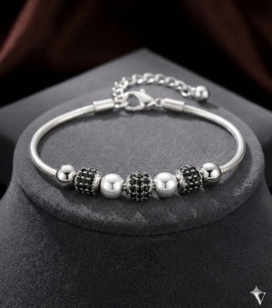 Bratara din Argint 925 model Bile Multifatetate Asemanatoare Pandora Negre ARG258AB - Img 3
