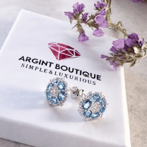 Cercei rotunzi cu cristale albastre și design floral ARG389E - Img 4