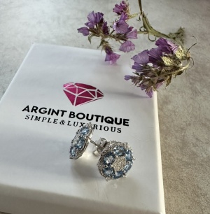 Cercei rotunzi cu cristale albastre și design floral ARG389E - Img 3