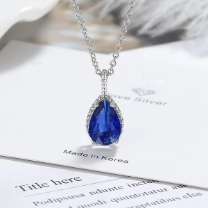 Set Bijuterii Femei Lant Si Cercei Piatra Albastru Inchis, Forma Lacrima, Argintiu Zirconiu Cubic Zircon SET203A - Img 3