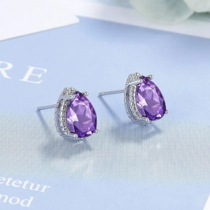 Set Bijuterii Femei Lant Si Cercei Piatra Mov, Forma Lacrima, Argintiu Zirconiu Cubic Zircon SET203M - Img 4