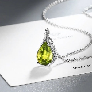 Set Bijuterii Lant Si Cercei Piatra Verde Galben, Forma Lacrima, Argintiu Zirconiu Cubic Zircon SET203VG - Img 4