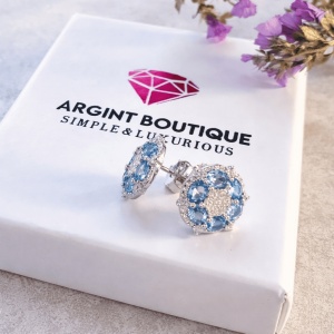 Cercei rotunzi cu cristale albastre și design floral ARG389E - Img 2