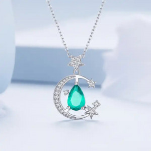Colier cu pandantiv Luna si Stele cu Piatra Verde Smarald pentru femei Arg411M - Img 4