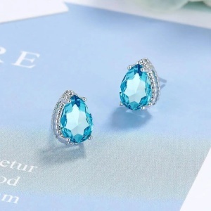 Set Bijuterii Femei Lant Si Cercei Piatra Albastru Turcoaz, Forma Lacrima, Argintiu Zirconiu Cubic Zircon SET203AT - Img 3