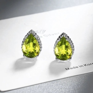 Set Bijuterii Lant Si Cercei Piatra Verde Galben, Forma Lacrima, Argintiu Zirconiu Cubic Zircon SET203VG - Img 2