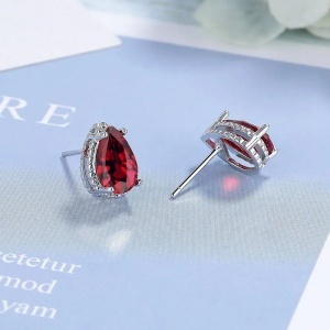 Set Bijuterii Femei Lant Si Cercei Piatra Rosu Red, Forma Lacrima, Argintiu Zirconiu Cubic Zircon SET203Rosu - Img 4