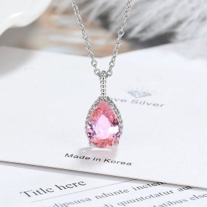 Set Bijuterii Femei Lant Si Cercei Piatra Roz Pink, Forma Lacrima, Argintiu Zirconiu Cubic Zircon SET203R - Img 3