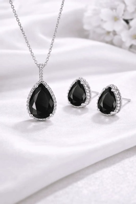 Set Bijuterii Lant Si Cercei Piatra Neagra, Forma Lacrima, Argintiu Zirconiu Cubic Zircon SET203Ne Femei