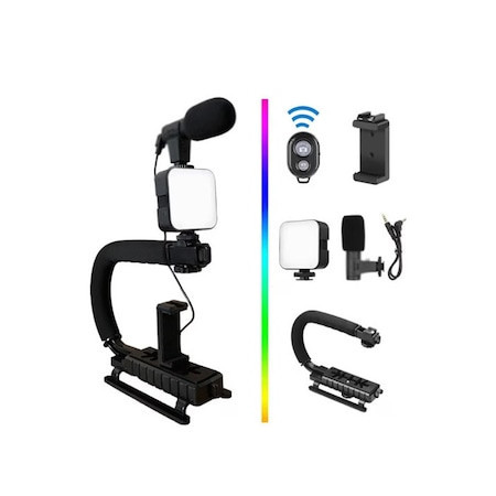 Kit Stabilizator VideoPro Doty - Vlogging și Podcast cu Telecomandă, Trepied, LED și Microfon
