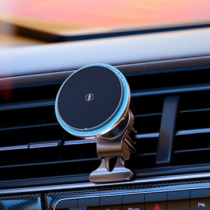 Suport auto magnetic pentru telefon mobil cu incarcare fara fir pentru masina, incarcare rapida 15W, iluminare led pe contur - Img 3