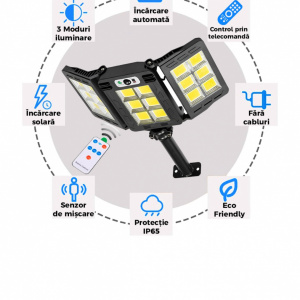 Lampă Solară Stradală Teno® 18 LED-uri - 3 Capete, Telecomandă, IP65 - Img 7