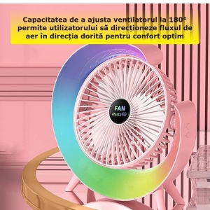 Mini Ventilator SIKS Portabil Pentru Birou, Rotund, Multifunctional, Led RGB, Lumini Ambientale, Ajustare 180 °, 3 Viteze Ale Vantului, 5 Moduri De Iluminare, Alimentare USB, Potrivit Pentru Birou, Masina, Camping, Roz - Img 2