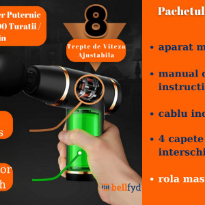 Aparat Pentru Masaj Profesional Tip Pistol, cu Acumulator 2500mAh, Pentru Gat, Spate, Maini, Picioare, Anti Celulita, Motor Silentios, 1800 - 3300 Rotatii / min, Negru, Promerco - Img 7