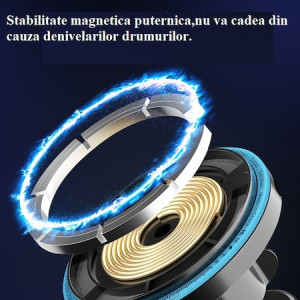 Suport auto magnetic pentru telefon mobil cu incarcare fara fir pentru masina, incarcare rapida 15W, iluminare led pe contur - Img 1