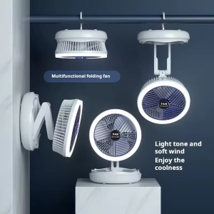Ventilator portabil cu lampa de veghe LED incorporporata, Design modern, Suport retractabil si suport agatare, acumulator incorporat, 4 trepte de viteza, incarcare USB, Silentios, Ideal pentru birou, masina, casa, Alb - Img 7