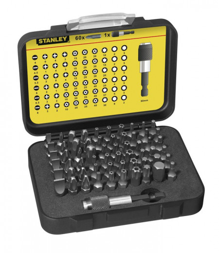 Set 61 piese 1/4" - biti drepti, PH, PZ, Torx, Torx tamper, hexagonali, Stanley