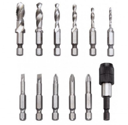 Adaptor 3 in 1 pentru burghiu-tarod-debavurator si set de bituri 0890, Fervi