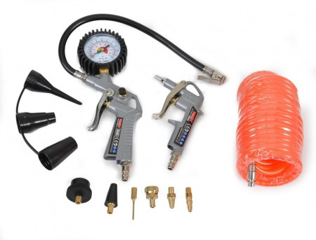 Set 10 accesorii HECHT 002026, pentru compresor pistol simplu de umflat, pistol cu manometru, furtun spiralat 5 m, adaptoare