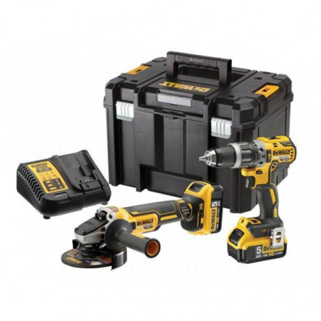 Set combo 2 scule DeWalt DCK2080P2T: Masina de gaurit cu percutie motor fara perii 18V DCD796, Polizor unghiular motor fara perii 18 V DCG405, 2 acumulatori 18V 5Ah, incarcator, valiza transport TSTAK