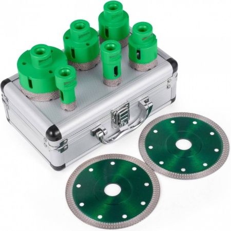 Set 6 carote diamantate si 2 discuri, pentru gresie, granit, marmura, Vevor M14, diametre 20/25/40/45/50/68 mm