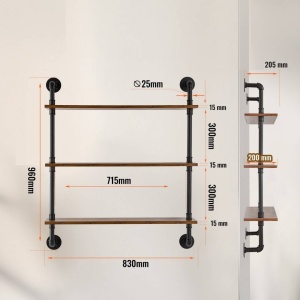 Raft metalic cu 3 x polite incluse din lemn, Vivatechnix Industrial, 830 x 205 x 960 mm - Img 3