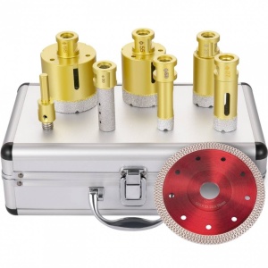 Set 6 carote diamantate si 1 disc taiere 125 mm pentru gresie, marmura, 20-68 mm, prindere M14, umed sau uscat, cutie depozitare - Img 1