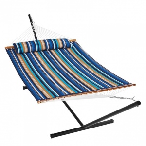 Hamac cu suport otel si perna, Vivatechnix matlasat, pentru 2 persoane, max 217 kg, 3760 x 987 x 1050 mm, Albastru/Maro - Img 1