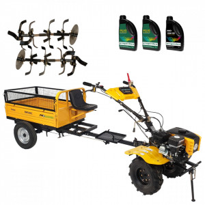Pachet motocultor Campo 803, benzina, 7.5CP, 2+1 trepte, 2+1+1 freze, plug bilonat, remorca 500kg, ulei motor si transmisie incluse - Img 1