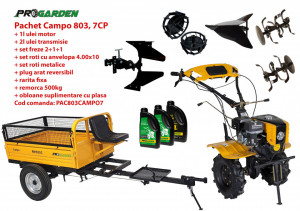 Pachet motocultor Campo 803, benzina, 7.5CP, 2+1 trepte, 2+1+1 freze, plug bilonat, remorca 500kg, accesorii PR2, ulei motor si transmisie incluse - Img 2