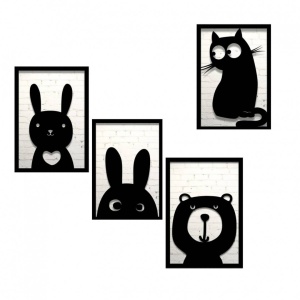 Set 4 decoratiuni tablouri Krodesign KRO-1039 Animals, negru - Img 1
