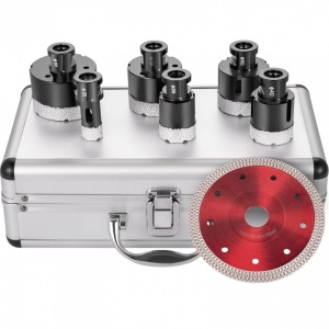 Set 6 carote diamantate si 1 disc taiere 125 mm pentru gresie, marmura, 20/35/40/50/55/68 mm, prindere M14, umed sau uscat - Img 1