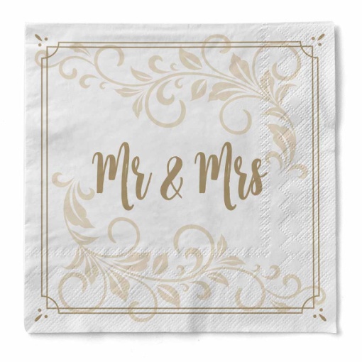 Салфетки за маса 3 слоя за сватбата Mr & Mrs (орнамент) / 33 х 33 см / 20 бр.